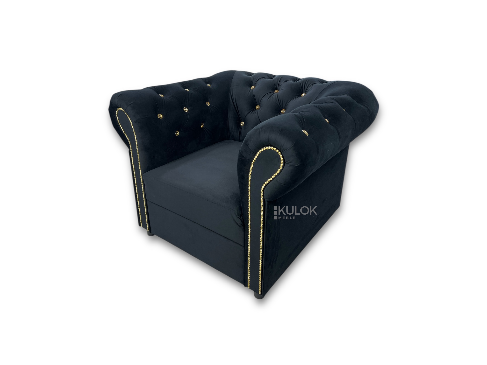 Fotel chesterfield pikowany złotymi kryształami w czarnym Magic Velvet 2219 - widok z boku
